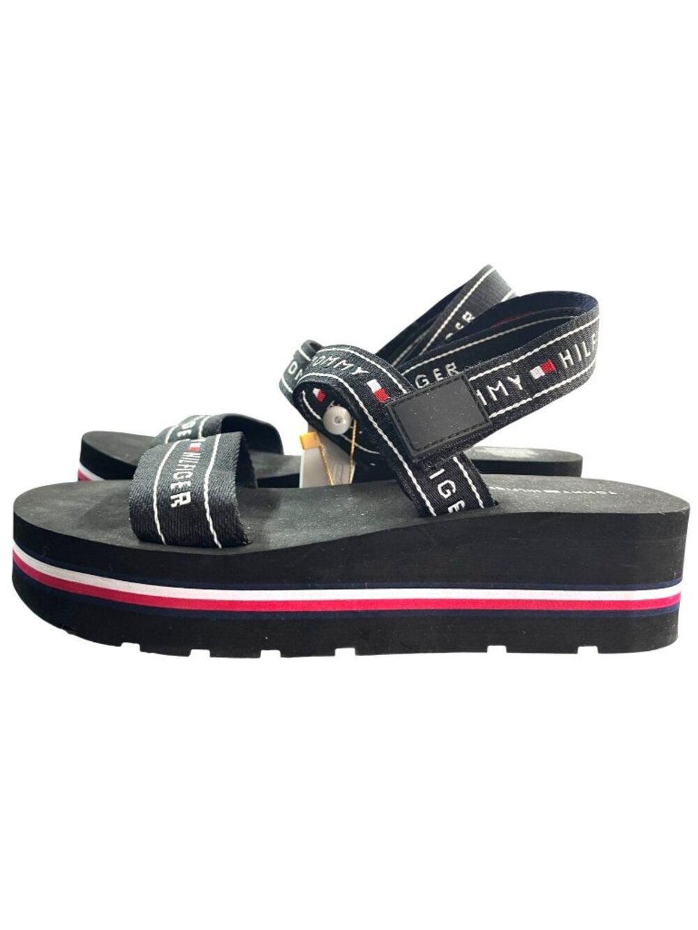 Tommy Hilfiger Black Platform Sandals With Logo Straps Size 8
